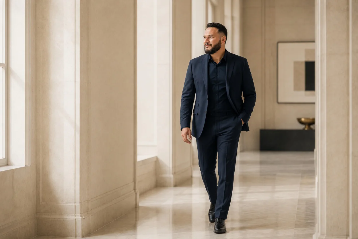 Tan Kayitmaz walking through a bright architectural hall
